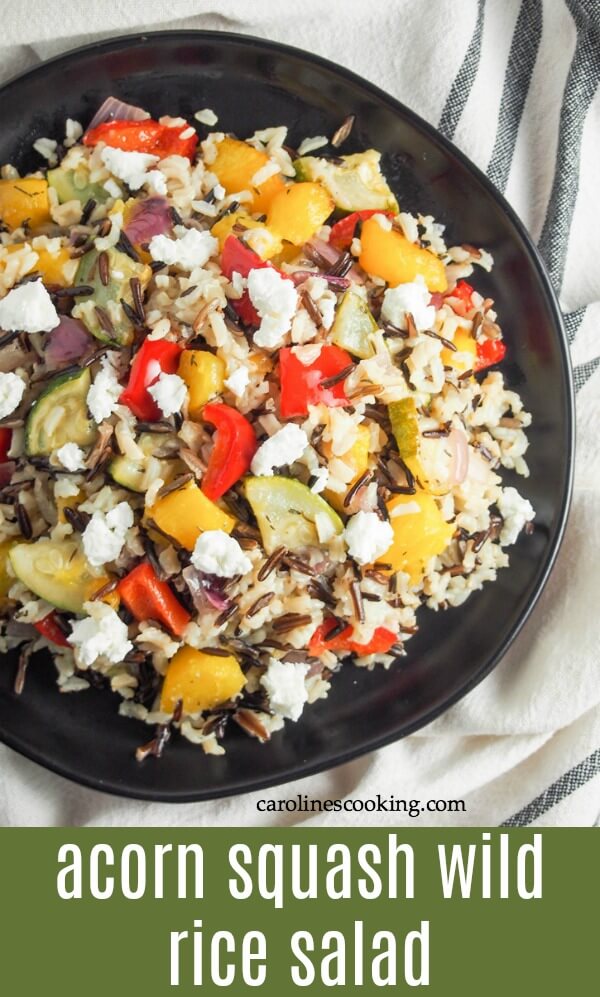 Acorn squash wild rice salad is a delicious vegetarian dish (easily made vegan) made with squash, wild rice and a citrus dressing that makes a great main or side. An excellent addition to any holiday meal, plus it's great cold for lunch too. #acornsquash #wildrice #salad #fallrecipe #vegetarian #holidayside