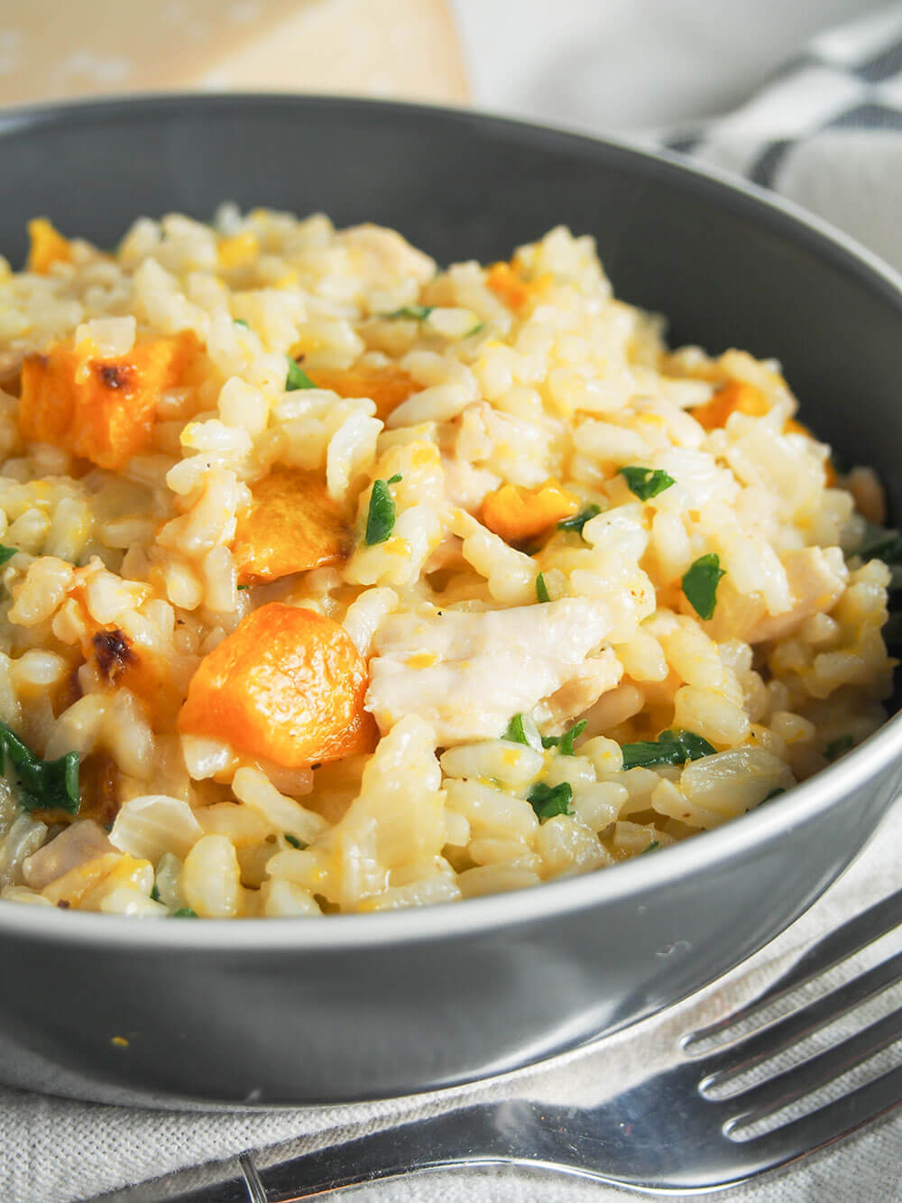 butternut squash risotto with chicken and arugula close up