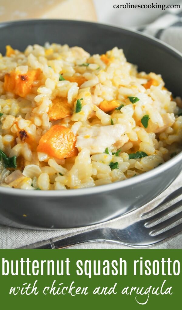 This butternut squash risotto with chicken and arugula is a deliciously comforting meal that's also a great way to use up leftover chicken (and/or squash). Yum! #butternutsquash #risotto #leftoverchicken #thanksgivingleftovers