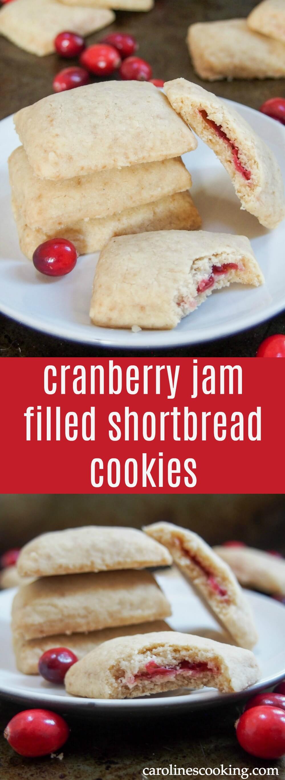 These cranberry jam filled shortbread cookies take a traditional recipe up a step - melt in your mouth cookies with a delicious sweet filling. So good. #shortbread #cookie #filledcookie