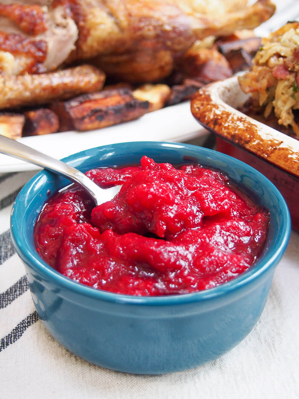 cranberry sauce with stuffing and duck behind