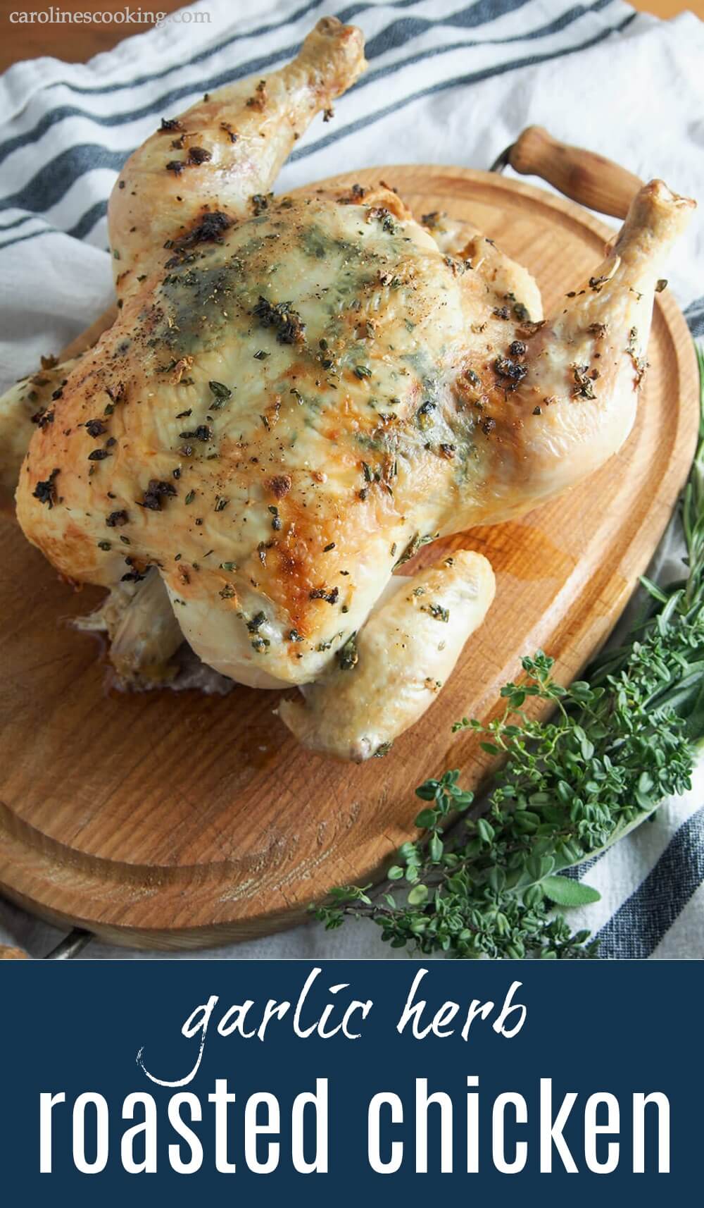 This garlic herb roasted chicken ups your roasting game by adding herbs, garlic & butter under the skin for extra flavor. Comforting, easy and delicious. This garlic herb roasted chicken ups your roasting game by adding herbs, garlic & butter under the skin for extra flavor. Comforting, easy and delicious. #roastchicken #chicken #roast #herbs