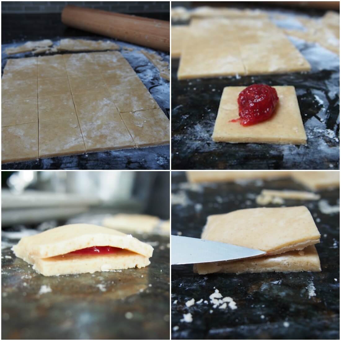 stages making cranberry jam filled shortbread cookies - cutting shortbread, adding jam, adding top layer and sealing