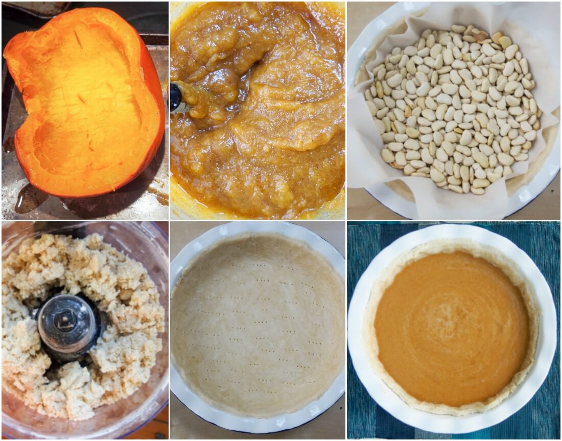 stages making pumpkin pie - roasting pumpkin, making filling, pastry and blind baking