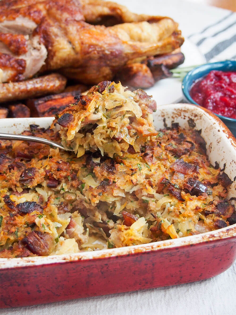rutabaga, date and bacon stuffing with spoonful resting on top