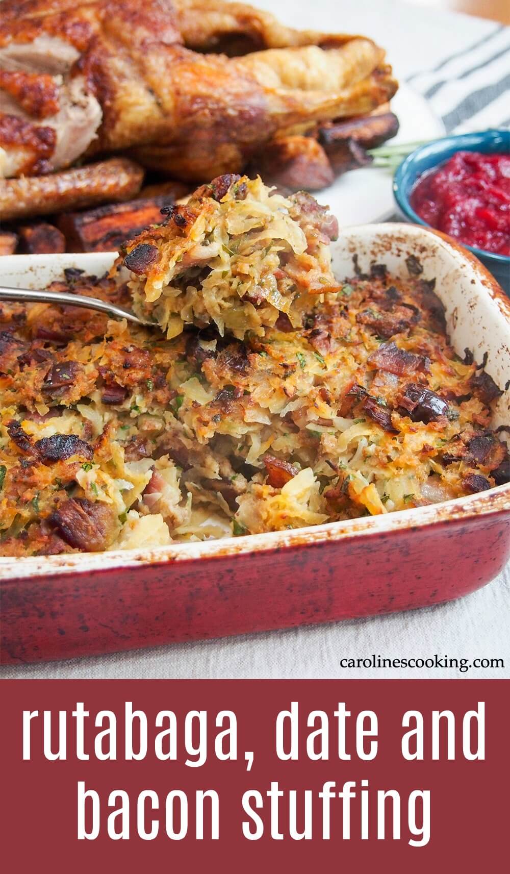 This tasty rutabaga, date and bacon stuffing is not your average dry, bread-heavy affair. It has a lovely mix of sweet and savory flavors, is juicy and rich, and the perfect accompaniment to a festive dinner. #stuffing #rutabaga #thanksgiving #christmas