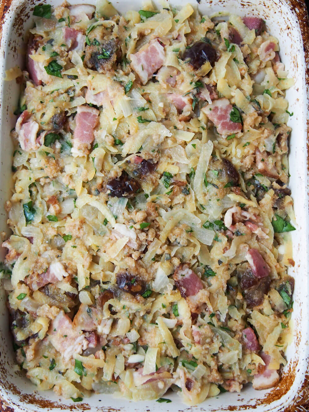 rutabaga, date and bacon stuffing ready to bake