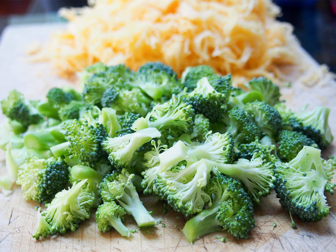 prepared vegetables for pumpkin broccoli soup with cheddar