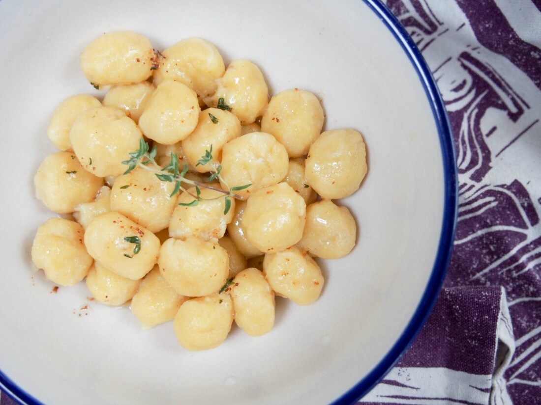 bowl of acorn squash gnocchi from overhead