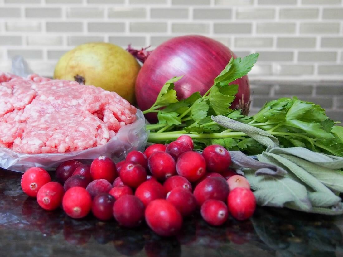 Pear, cranberry and sausage stuffing ingredients