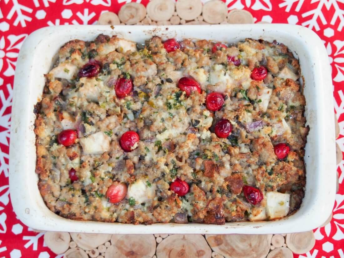 Pear, cranberry and sausage stuffing