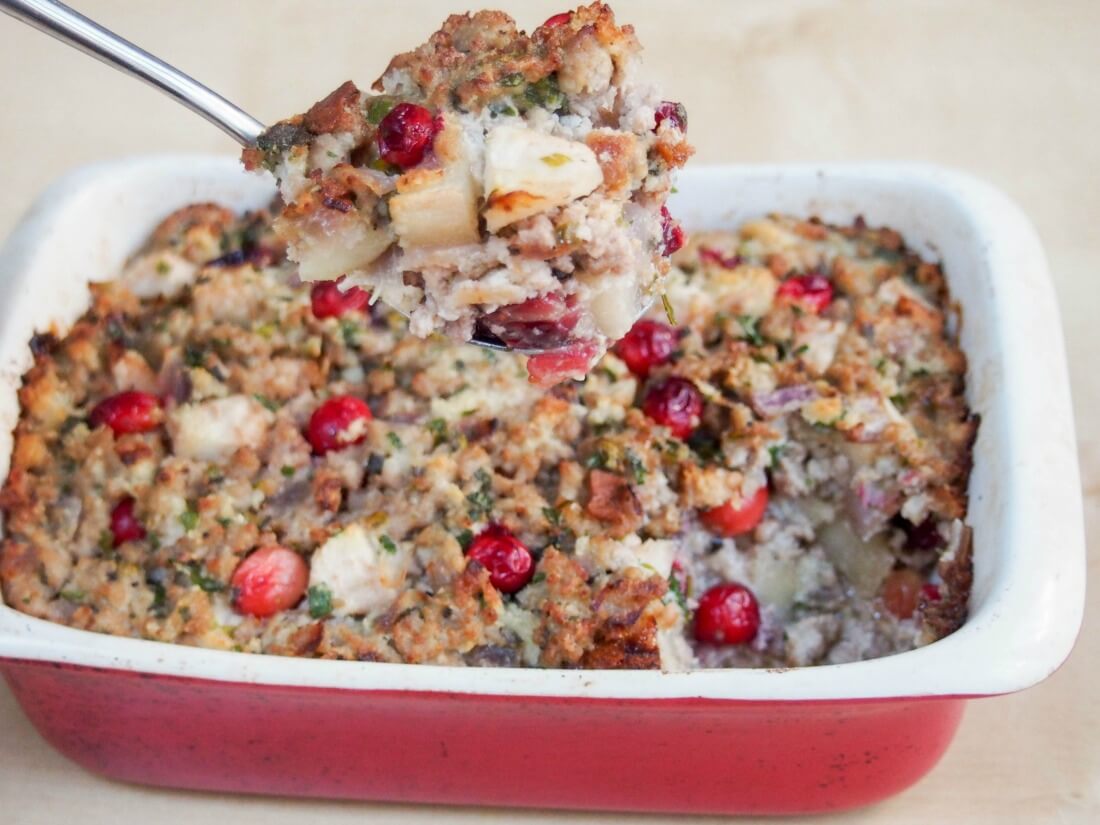 Pear, cranberry and sausage stuffing