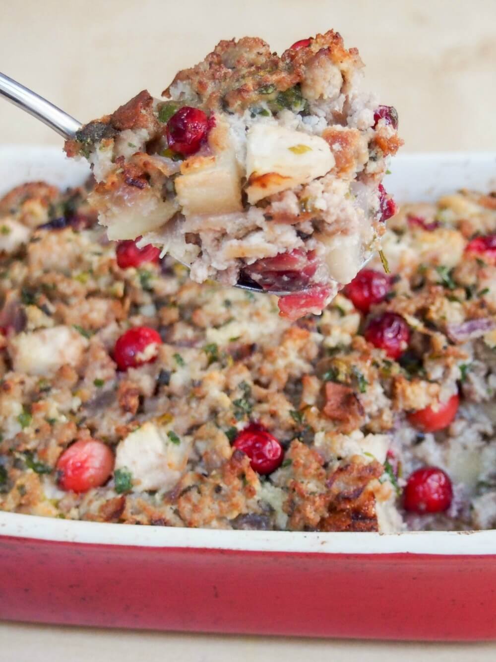 Pear, cranberry and sausage stuffing