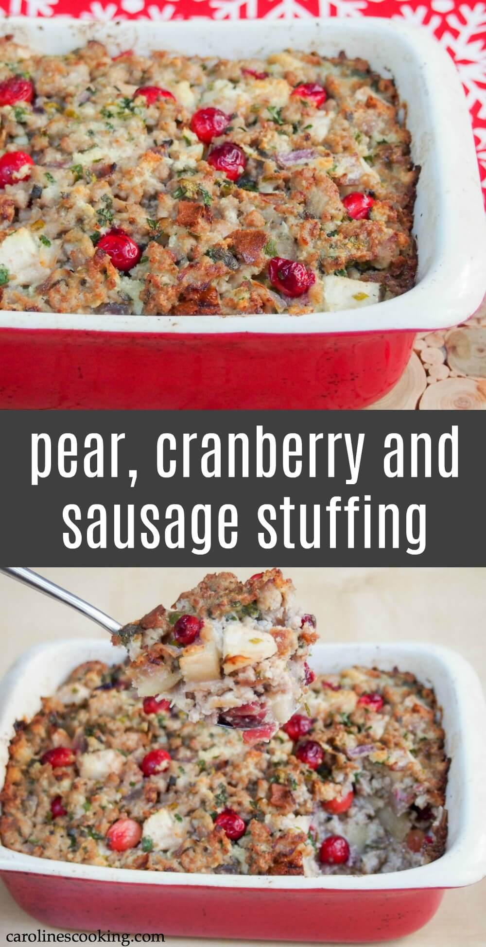 This pear, cranberry and sausage stuffing combines a great variety of seasonal flavors into a tasty side to a festive meal. Or make it the main event alongside some roasted vegetables.
