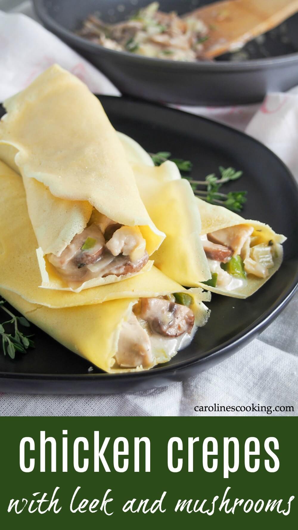 These turkey or chicken crepes with leek and mushrooms are a great way to use leftover meat in a tasty comforting dish. They're great to make with Thanksgiving leftovers, or if you have a roast chicken to repurpose in a very different meal. You could also use the sauce for other dishes like as a filling for baked potatoes, or over rice. Creamy, cheesy and easy to make, too! #leftovers #turkey #chicken #thanksgiving #christmas These turkey or chicken crepes with leek and mushrooms are a great way to use leftover meat in a tasty comforting dish. They're great to make with Thanksgiving leftovers, or if you have a roast chicken to repurpose in a very different meal. You could also use the sauce for other dishes like as a filling for baked potatoes, or over rice. Creamy, cheesy and easy to make, too! #leftovers #turkey #chicken #thanksgiving #christmas