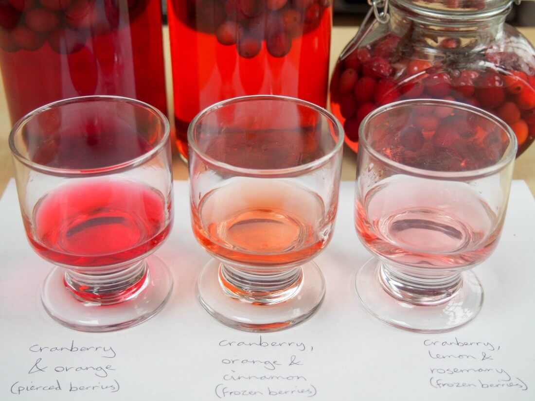 three glasses in front of bottles with some of each gin in them showing difference in color