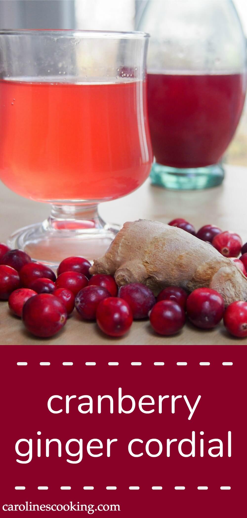 Cranberry and ginger cordial can be mixed with hot or cold water to make a refreshing drink with the tang of ginger balanced out with the fruity cranberry.