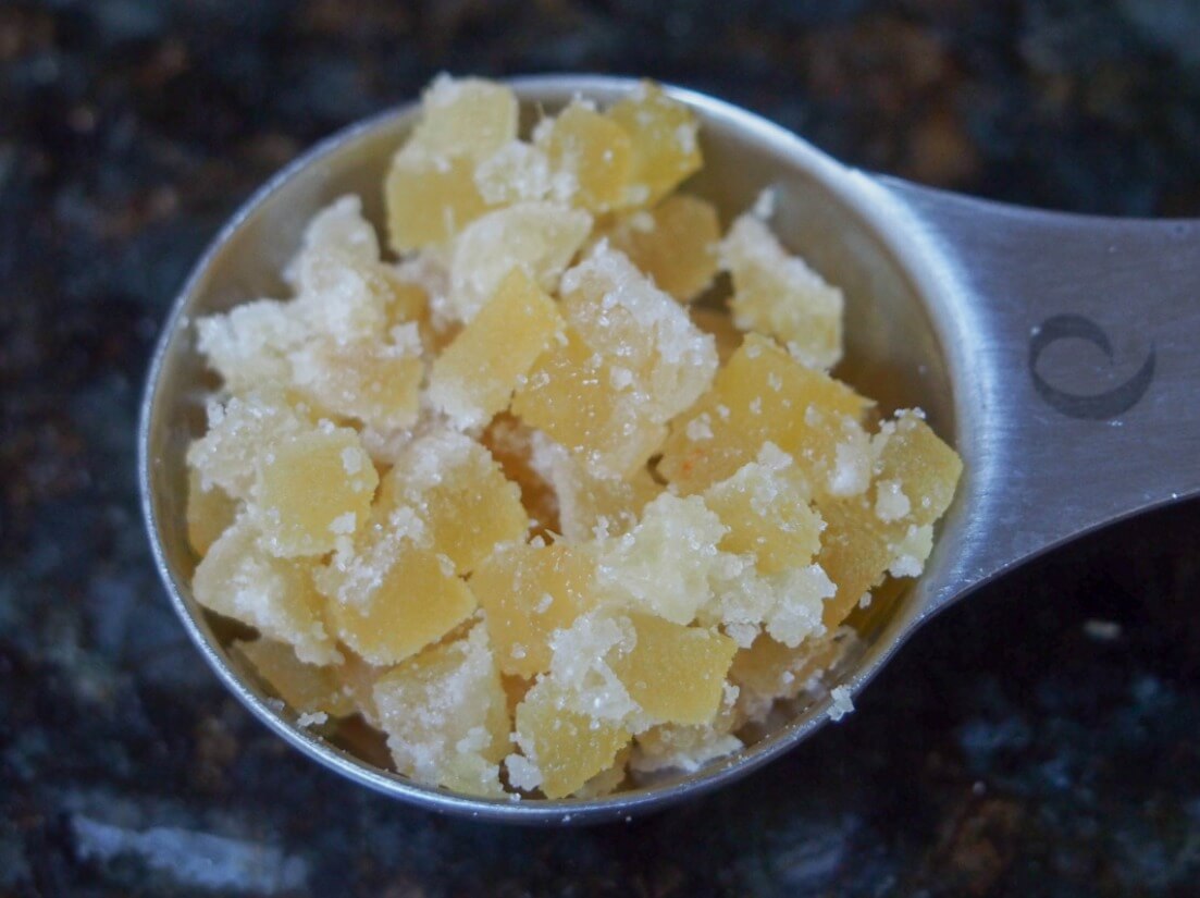 crystalized ginger for adding to persimmon sorbet spoonful of finely chopped crystalized ginger