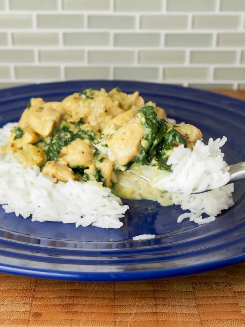 Fragrant chicken curry with chard, coconut and cashew