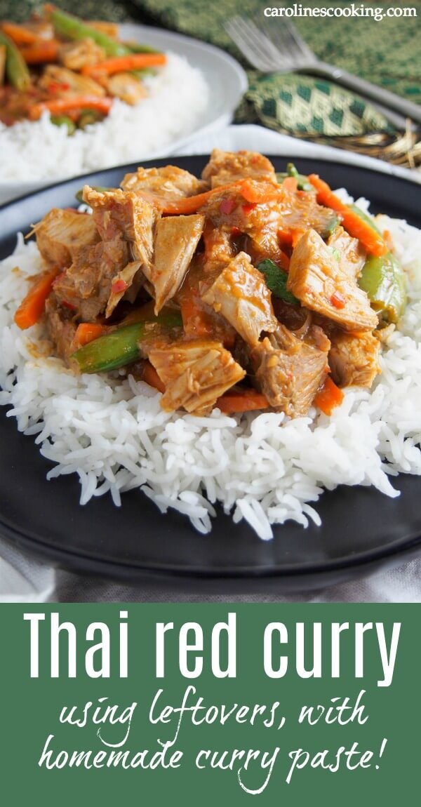 This delicious Thai red curry is made with a quick homemade paste from scratch for a fantastic bold flavor. Plus it's a great way to use leftover meat. Not that you have to use either leftovers or homemade paste -the recipe walks you through using fresh meat too, but the homemade paste is definitely highly recommended! #Thairedcurry #redcurrypaste #takeoutfakeout 