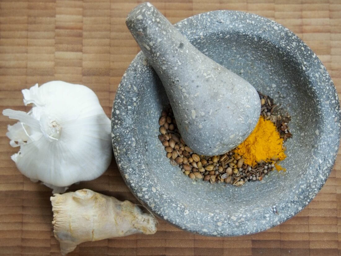 spices for Fragrant chicken curry with chard, coconut and cashew