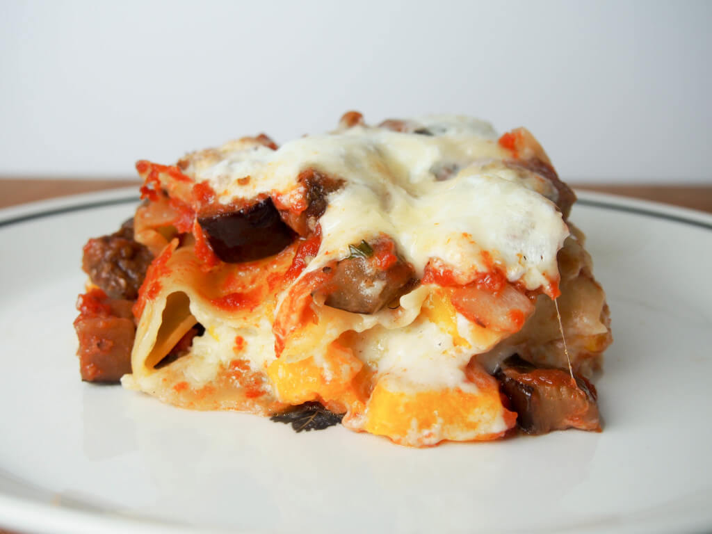 Squash and eggplant lasagna on plate