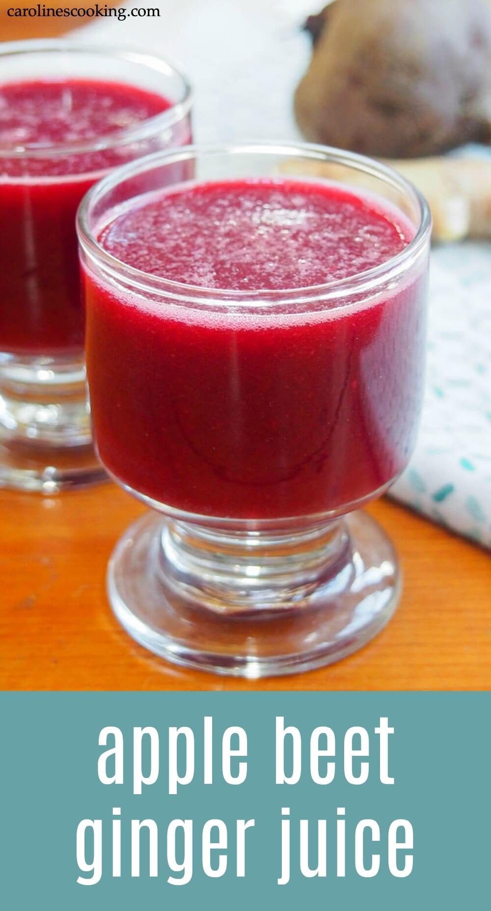 This apple beet ginger juice is easy to make, tasty and great for helping to perk you up if you are in need of a boost or trying to shake off a cold. And no juicer required. #juice #beet #ginger