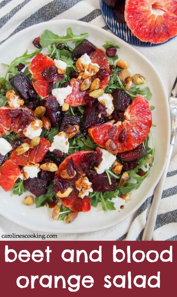 This beet and blood orange salad will brighten any winter's day with light, more spring-like colors and a tasty mix of seasonal ingredients. Easy to make and perfect for lunch or as an appetizer. So good. #vegetarian #wintersalad #bloodorange