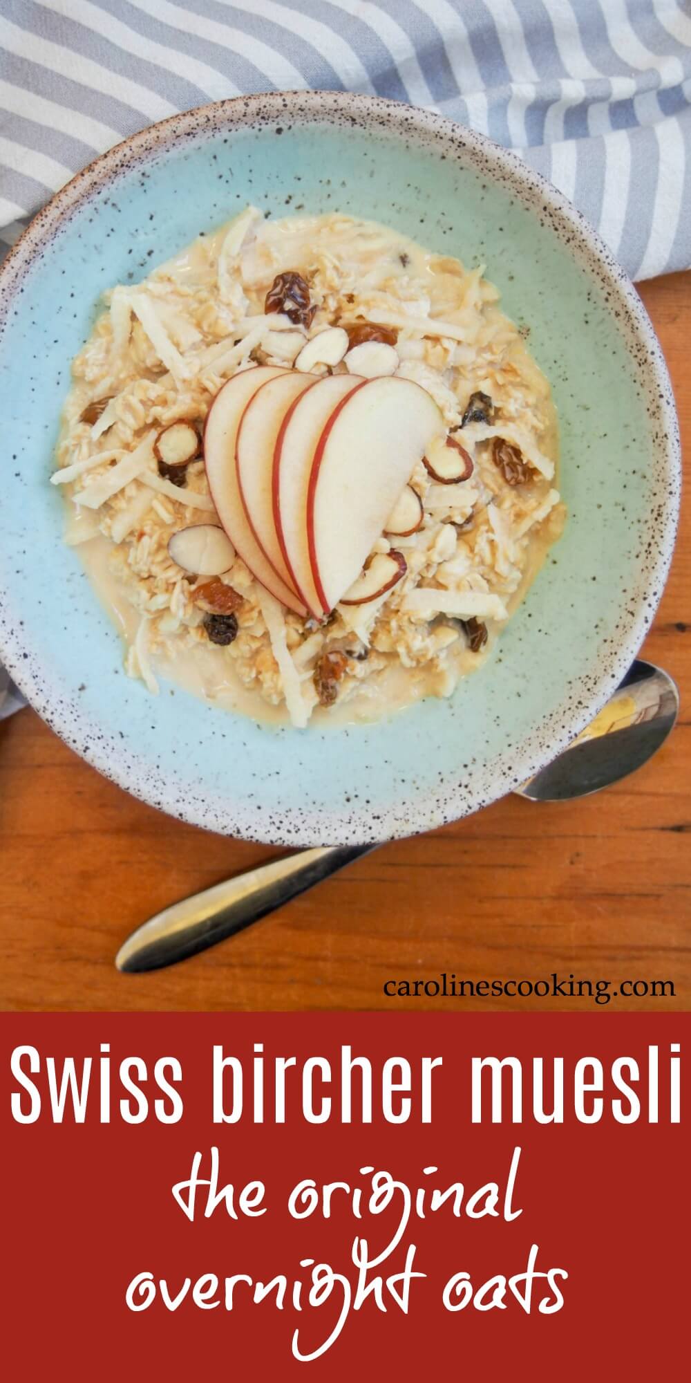 This delicious Swiss bircher muesli (the original overnight oats) makes a great start to your day - fresh, healthy and a lovely balance of smoothness & crunch. It's quick and easy to make, and is easily made dairy-free. #breakfast #easybreakfast #breakfastrecipe #overnightoats #apple