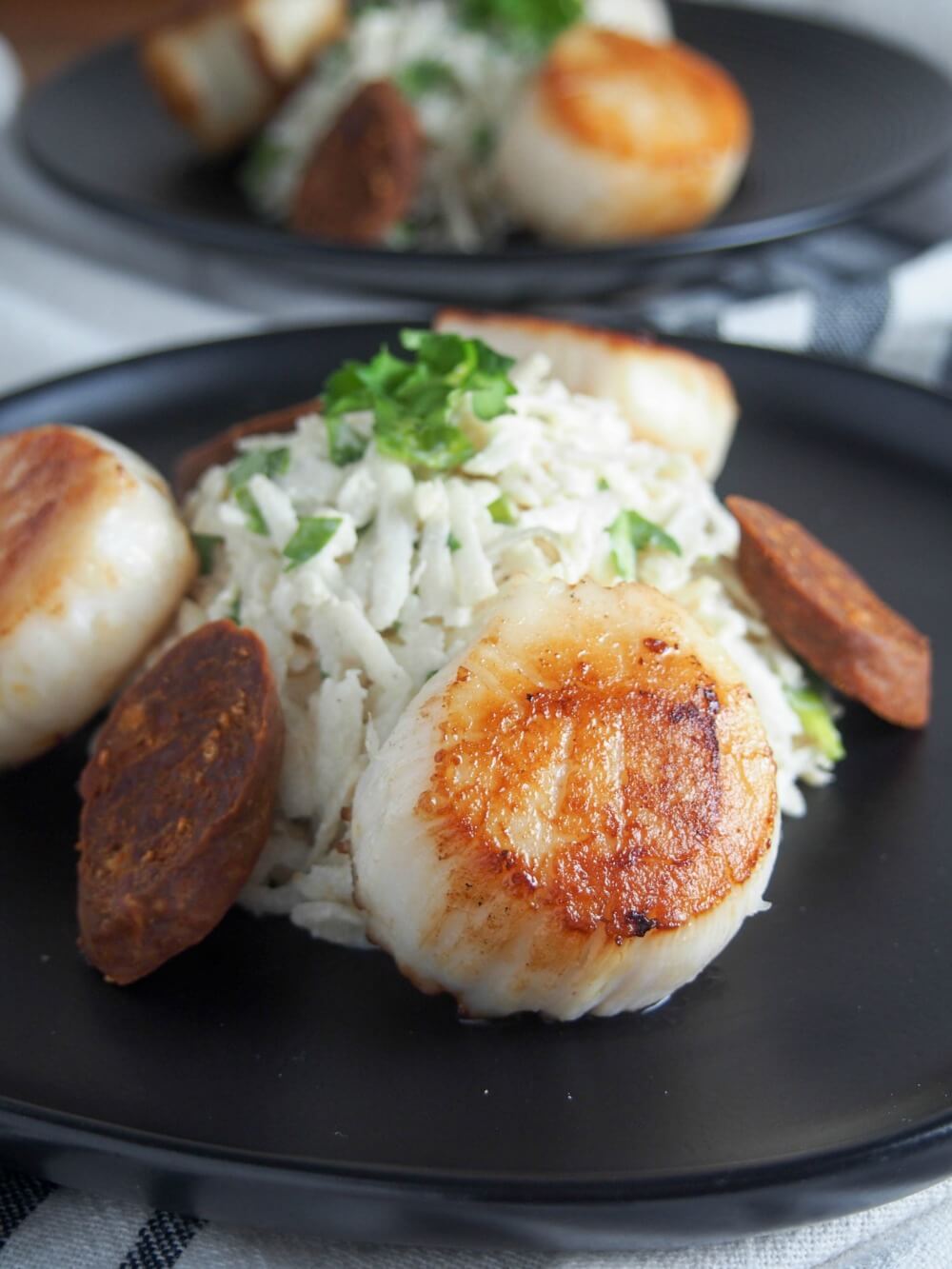 pan seared scallops with celeriac remoulade and chorizo
