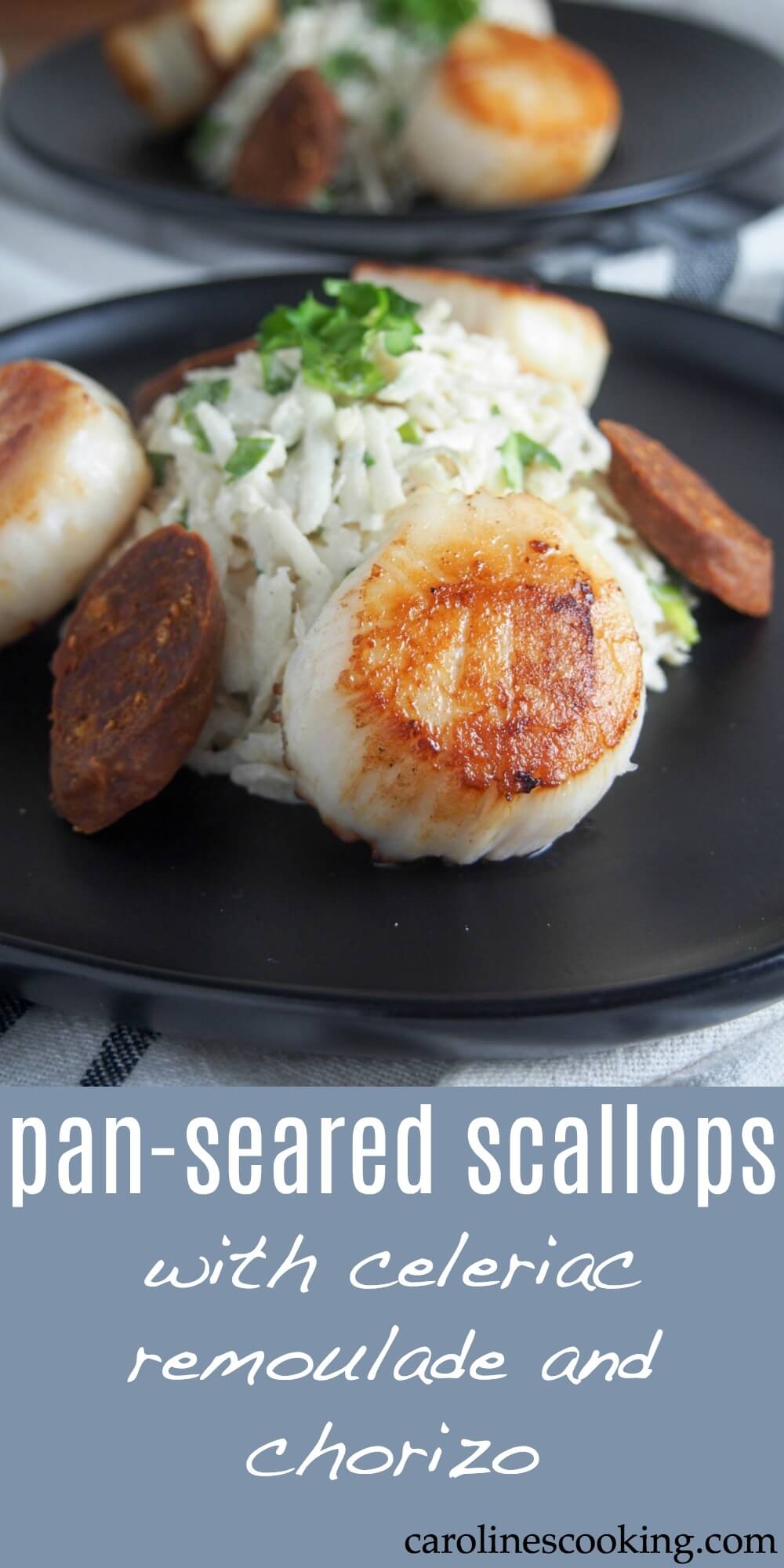 pan seared scallops with celeriac remoulade and chorizo. Celeriac is unlikely to win any vegetable beauty awards, but it makes a deliciously simple salad as celeriac remoulade that pairs perfectly with pan-seared scallops. Some crisped chorizo round this out into a flavorful, elegant but quick and easy meal. #celeriac #scallops #30minutemeals #seafood #remoulade