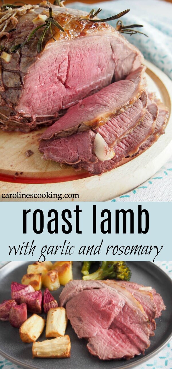 Roast lamb studded with garlic and rosemary and a simple lemon-honey-mustard glaze makes for a delicious center to an Easter meal, or enjoy any time. #roastlamb #lamb 
