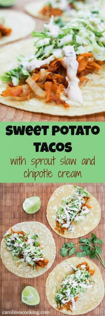 These sweet potato tacos are easy to make & thoroughly delicious. Gently spiced sweet potato, a crunchy, zesty slaw & a kick from chipotle cream. Vegetarian #taco #vegetarian #sweetpotato