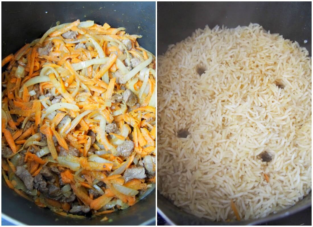 lamb and vegetable base then steam holes added with rice on top