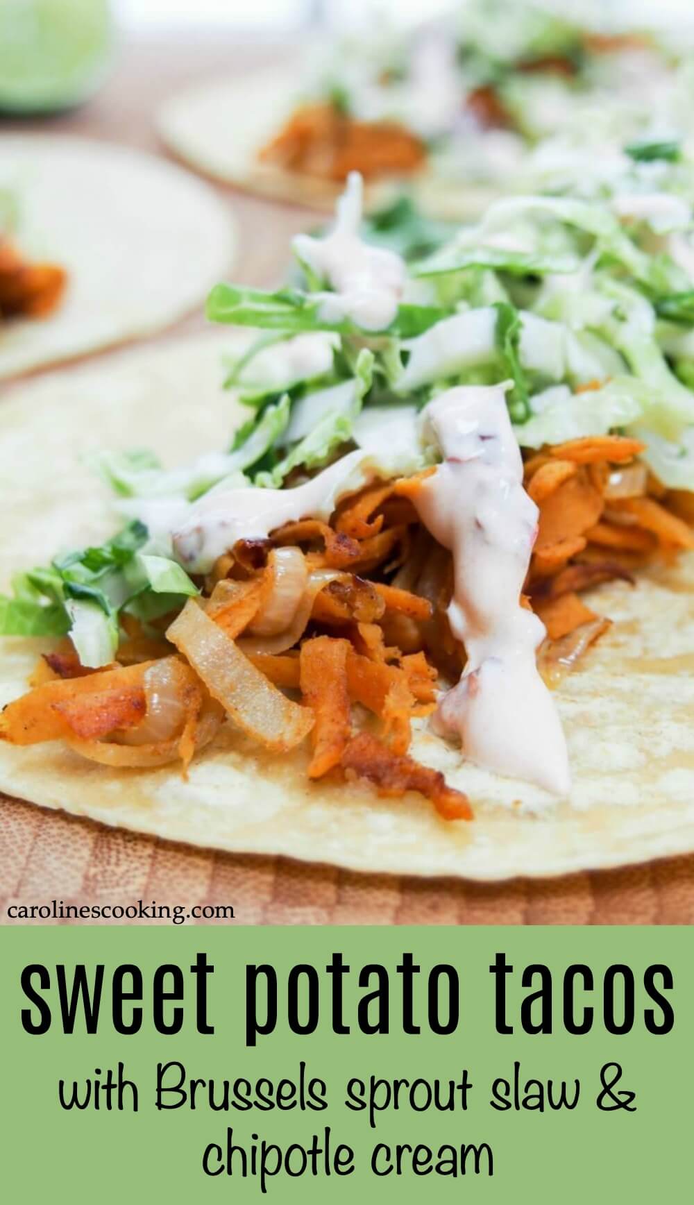 These sweet potato tacos are easy to make & thoroughly delicious. Gently spiced sweet potato, a crunchy, zesty slaw & a kick from chipotle cream. Vegetarian #taco #vegetarian #sweetpotato