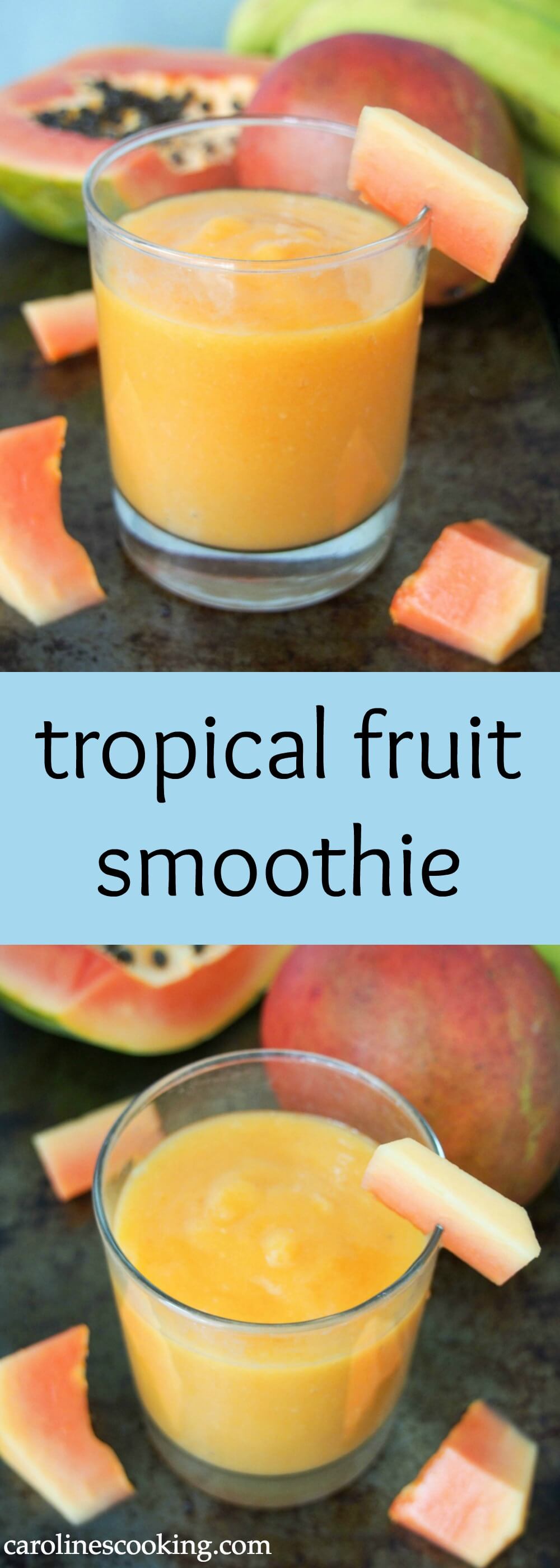 This tropical fruit smoothie is made with mango and papaya for a refreshing, tasty and vitamin-C packed drink. Made just with fruit and fruit juice, with an optional boost from flax seeds, it's also naturally dairy free. Delicious and good for you all in one. This tropical fruit smoothie is made with mango and papaya for a refreshing, tasty and vitamin-C packed drink. Made just with fruit and fruit juice, with an optional boost from flax seeds, it's also naturally dairy free. Delicious and good for you all in one. #smoothie #dairyfree