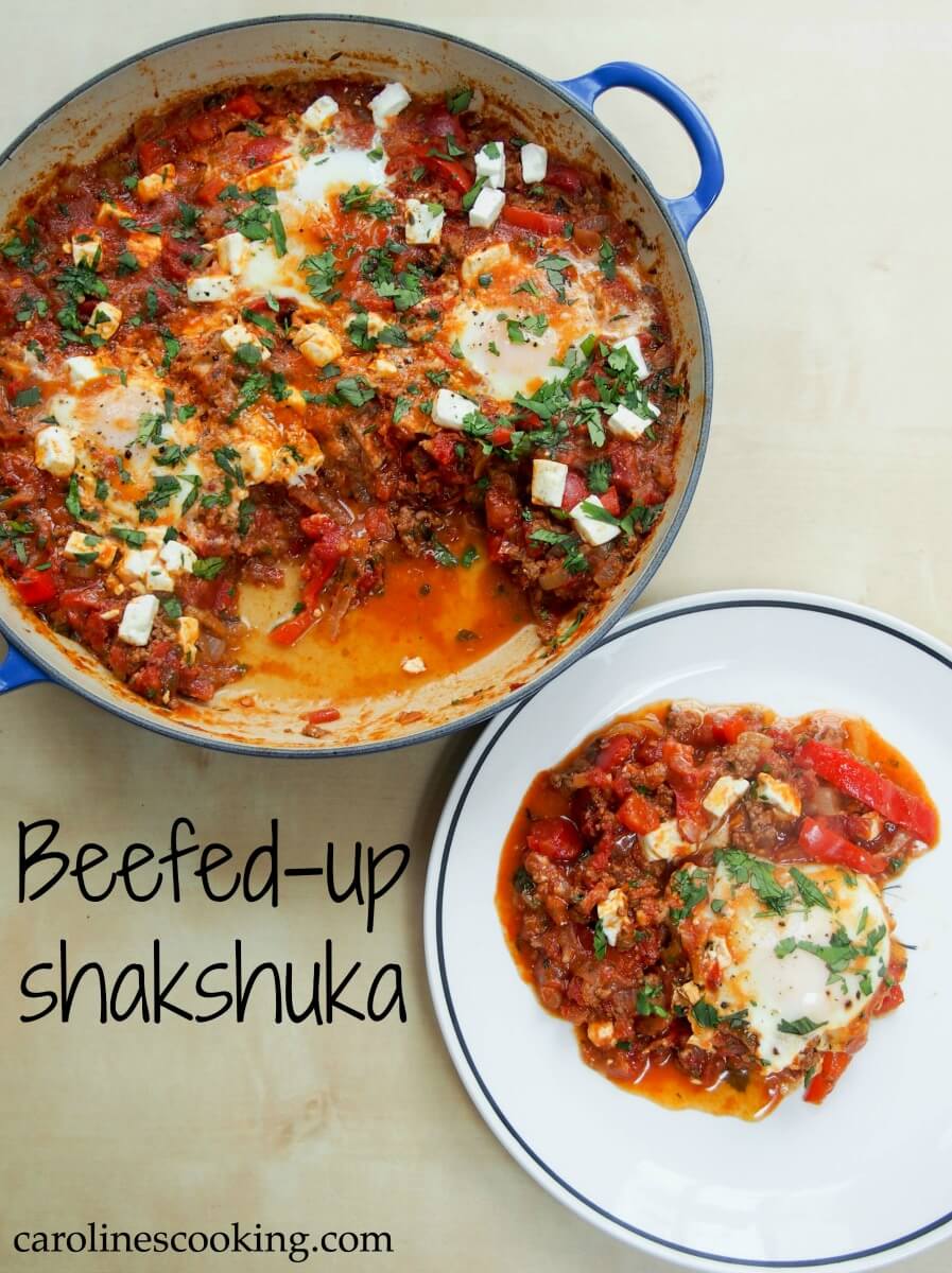 This beefed-up shakshuka (shakshuka with beef) is a delicious, hearty dish with a tomato, pepper and onion base, lots of herbs and topped with eggs and feta. The added meat helps make it that bit more filling and works well flavor-wise, too. Makes a delicious brunch/lunch or enjoy it for 'brinner'!