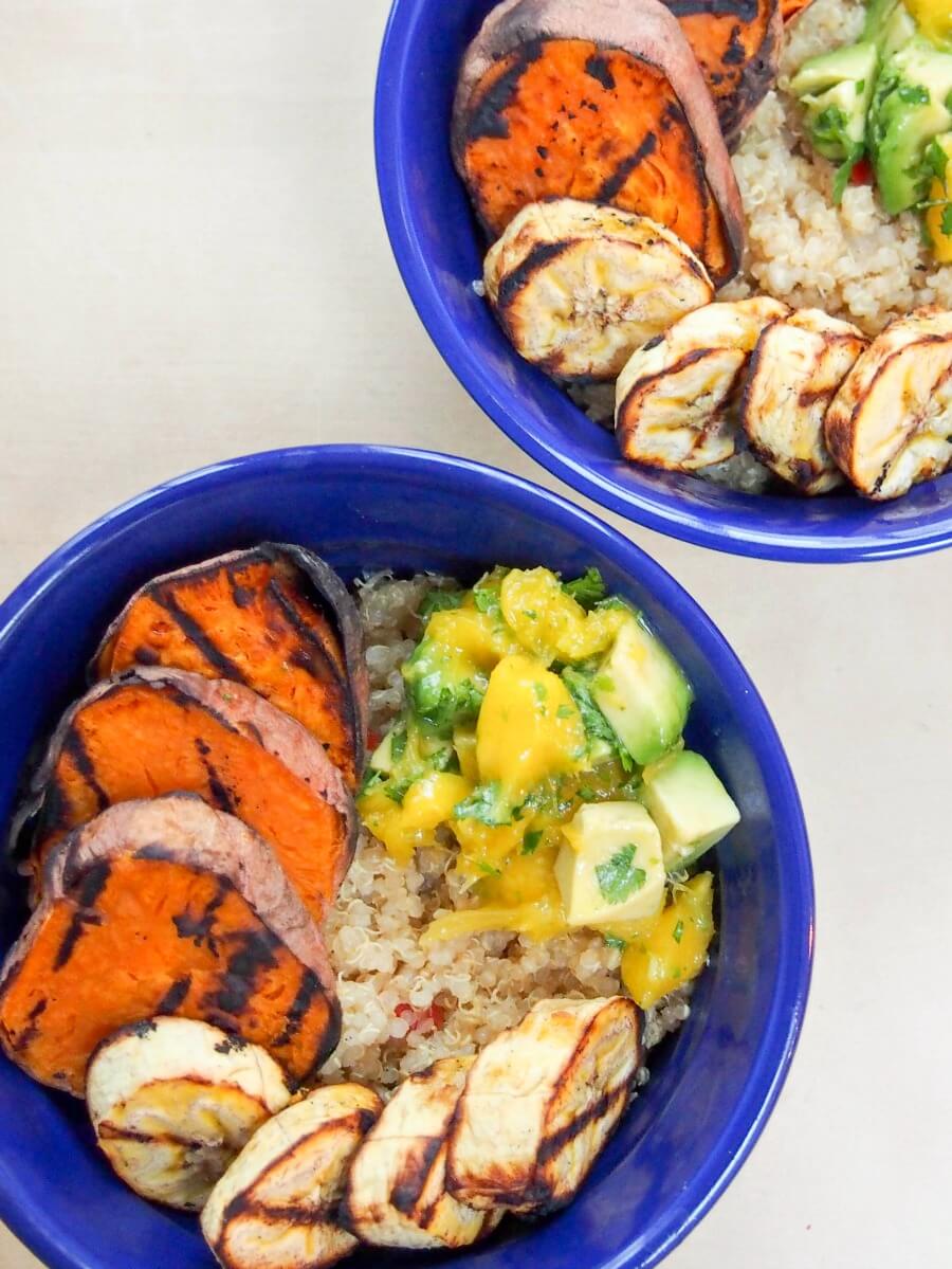 This Cuban quinoa bowl is gently flavored and served with smoky grilled sweet potato, plantain & a zippy avocado-mango salsa. Quick to make, so tasty. V, GF