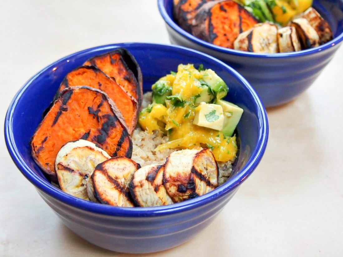 Cuban quinoa bowl with grilled sweet potato and plantain and avocado-mango salsa