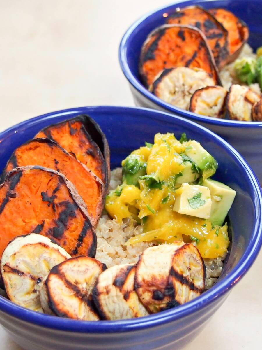 Cuban quinoa bowl with grilled sweet potato and plantain and avocado-mango salsa - a delicious vegetarian, vegan gluten free summery meal