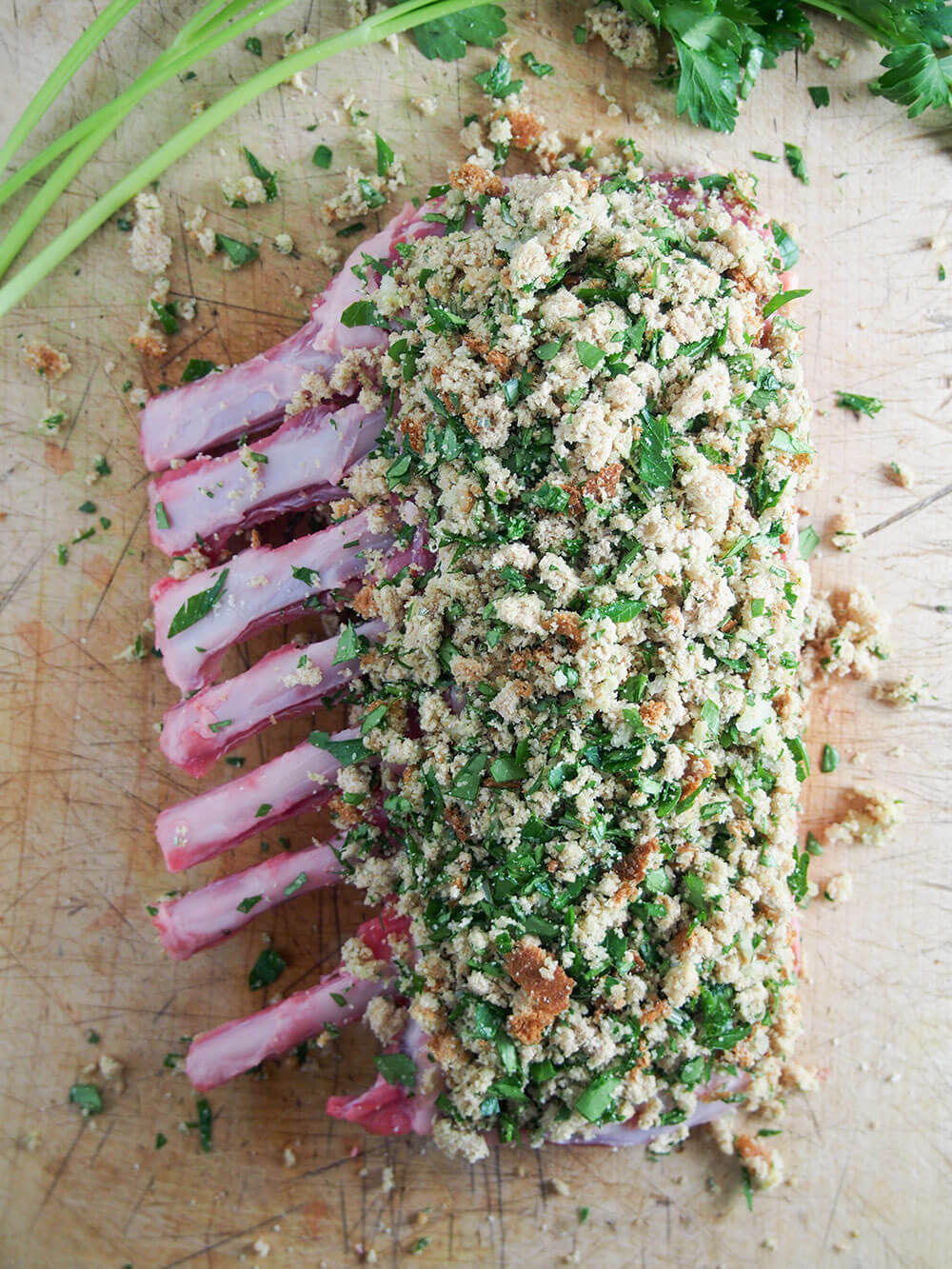 garlic herb crusted rack of lamb ready to roast
