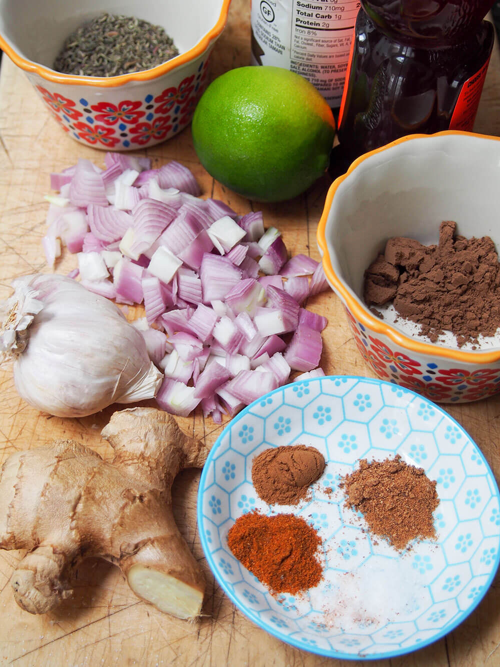 marinade ingredients on chopping board and in small dish
