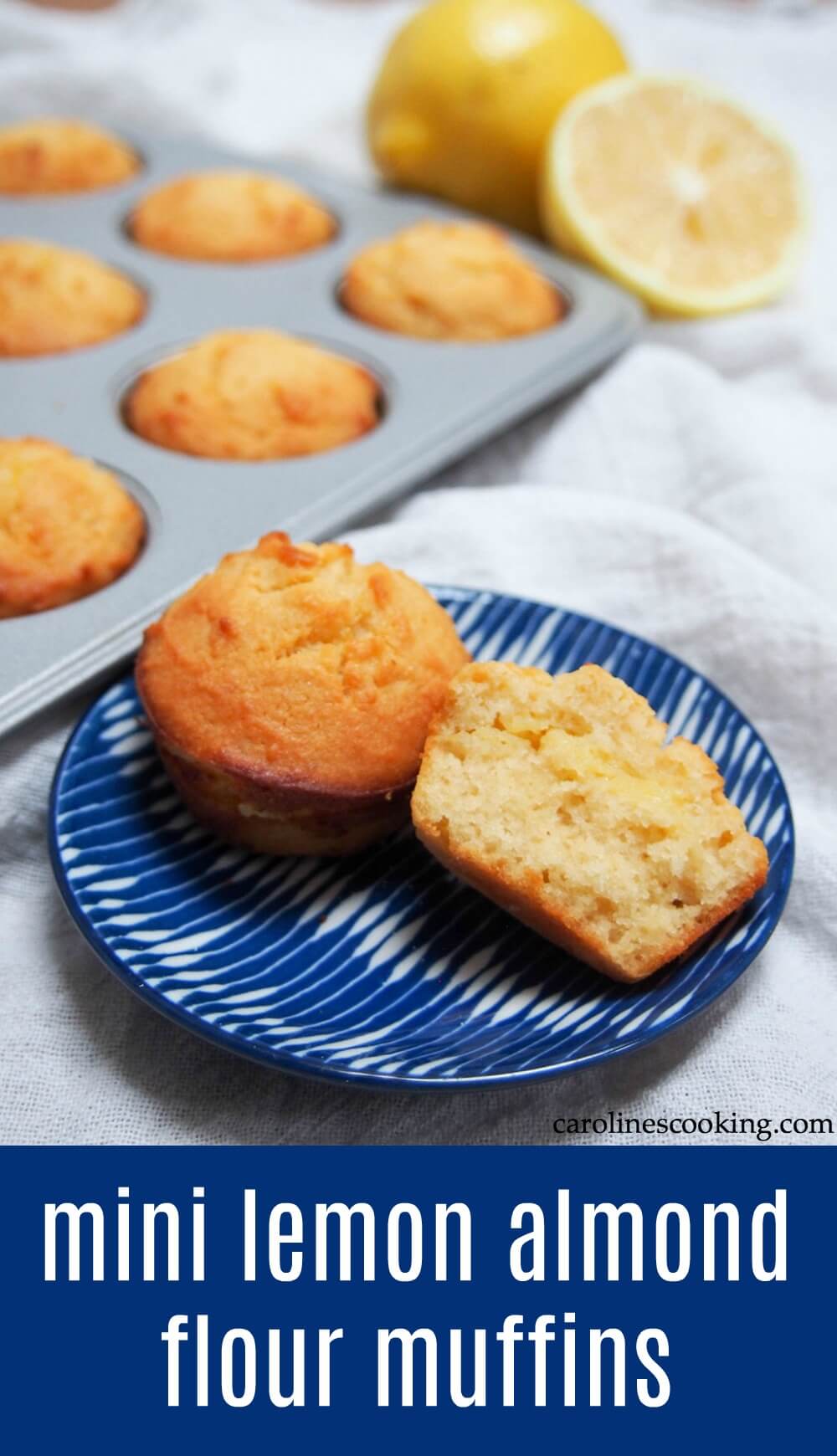 These mini lemon almond flour muffins, or cupcakes, have a lovely lemon tang, squidgy center and make the perfect relatively healthy treat or snack. (Bonus: they're gluten free!) #glutenfree #baking #lemon #almondflour 