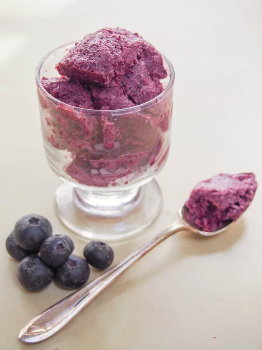 side view of glass of blueberry frozen yogurt with some on spoon to side