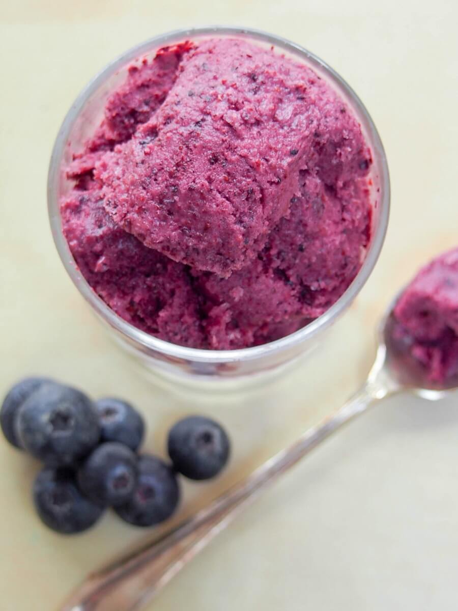 blueberry frozen yogurt in glass with blueberries beside