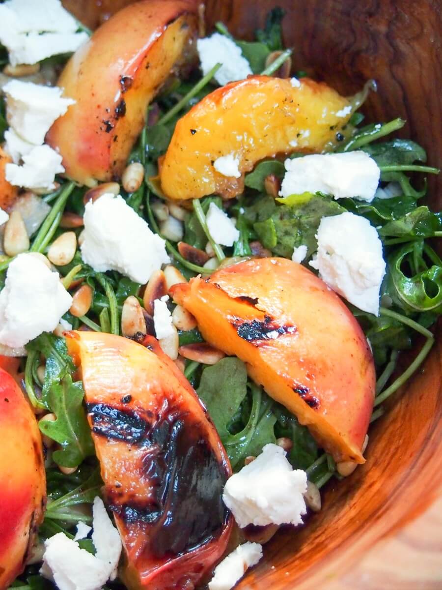 grilled nectarine salad close up in bowl