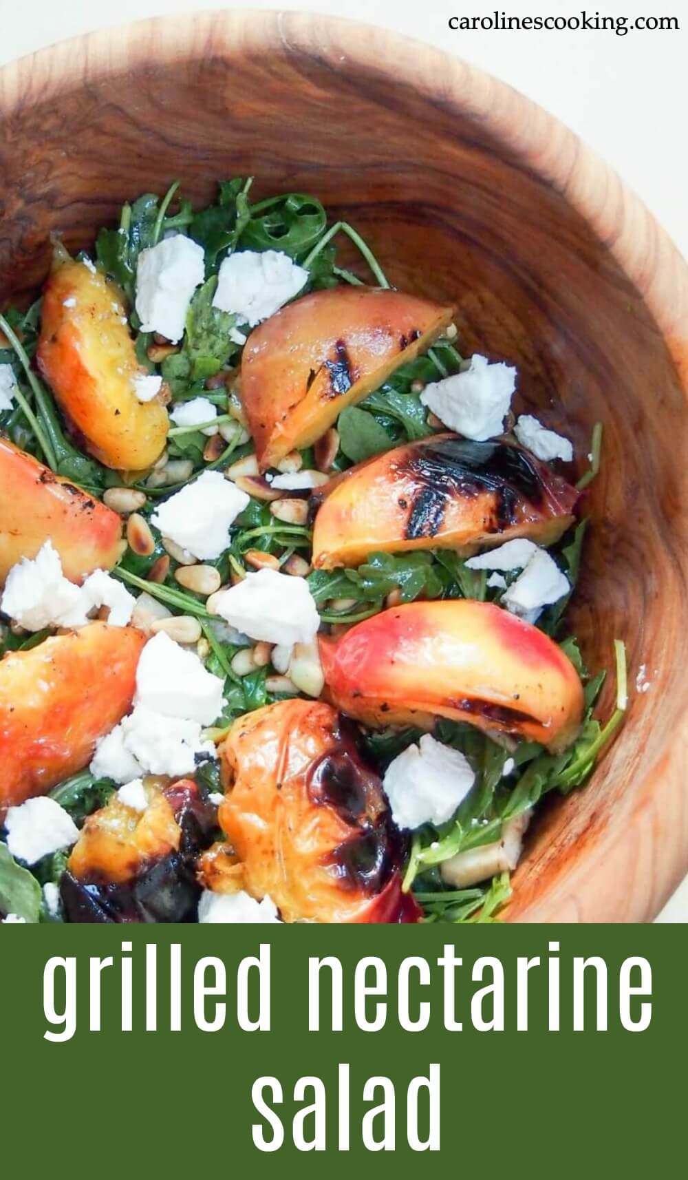 This grilled nectarine salad makes the perfect summer side: sweet, juicy nectarines, peppery arugula, smooth goat's cheese & crunchy pine nuts. #salad #summer #nectarine