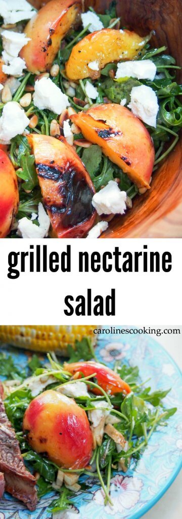 This grilled nectarine salad makes the perfect summer side: sweet, juicy nectarines, peppery arugula, smooth goat's cheese & crunchy pine nuts. #salad #summer #nectarine