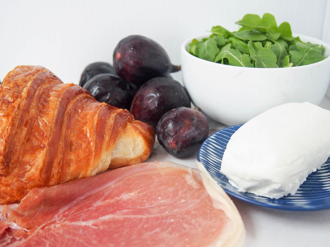 ingredients for goats cheese prosciutto croissant with balsamic figs