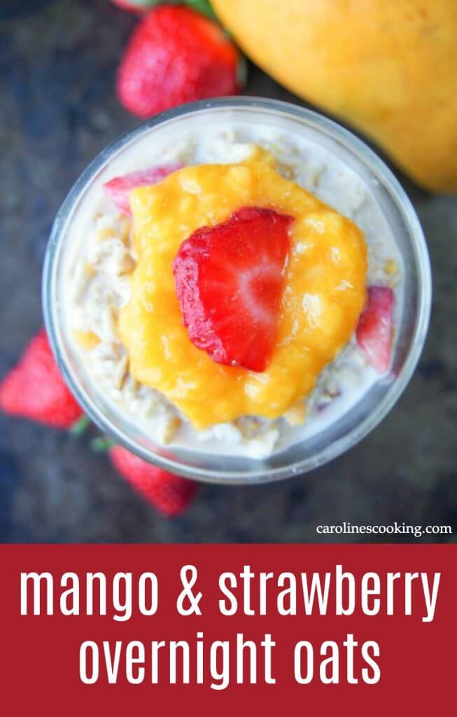 This mango and strawberry overnight oats is the perfect light breakfast for warmer weather. Deliciously smooth, creamy, fresh & fruity. And so easy to make! #mango #oats #overnightoats #breakfast